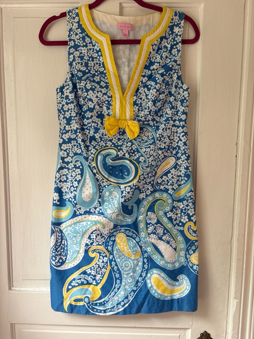 Lilly Pulitzer Blue, White & Yellow Paisley V-Neck Shift Dress - Picture 1 of 4